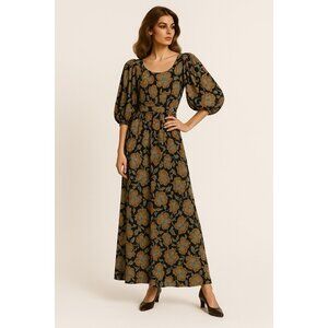 vintage 70s MAXI DRESS floral blouson ruched shoulder chiffon retro autumn S M